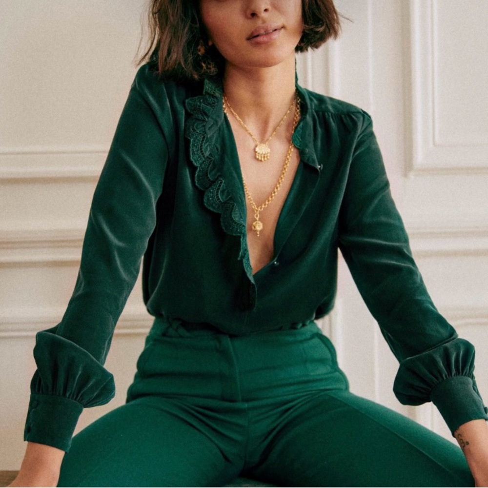 Sézane Chlo Silk Shirt in Bottle Green
